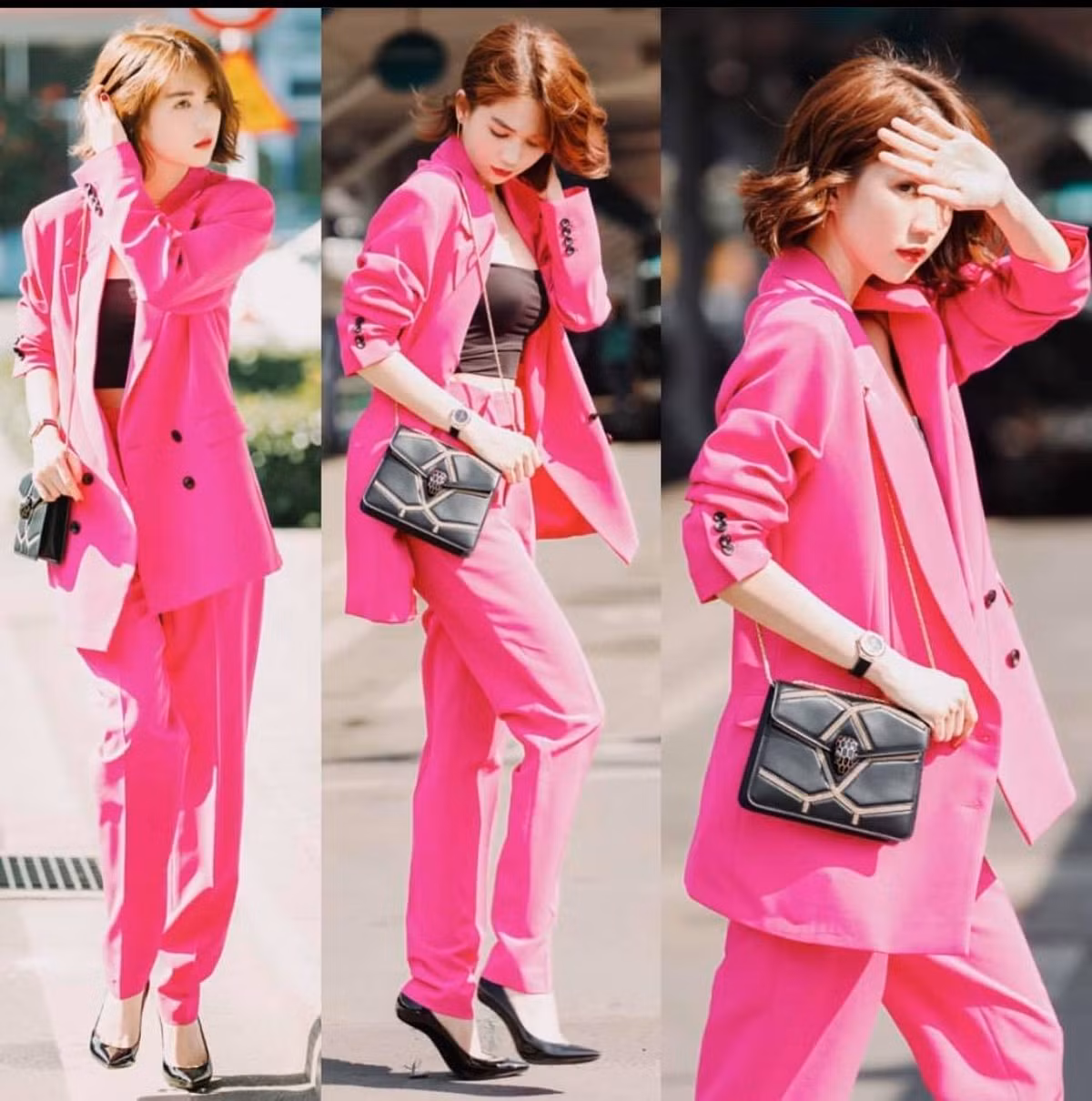 Khi thì chịu chơi diện nguyên cây hồng cực nổi bật.