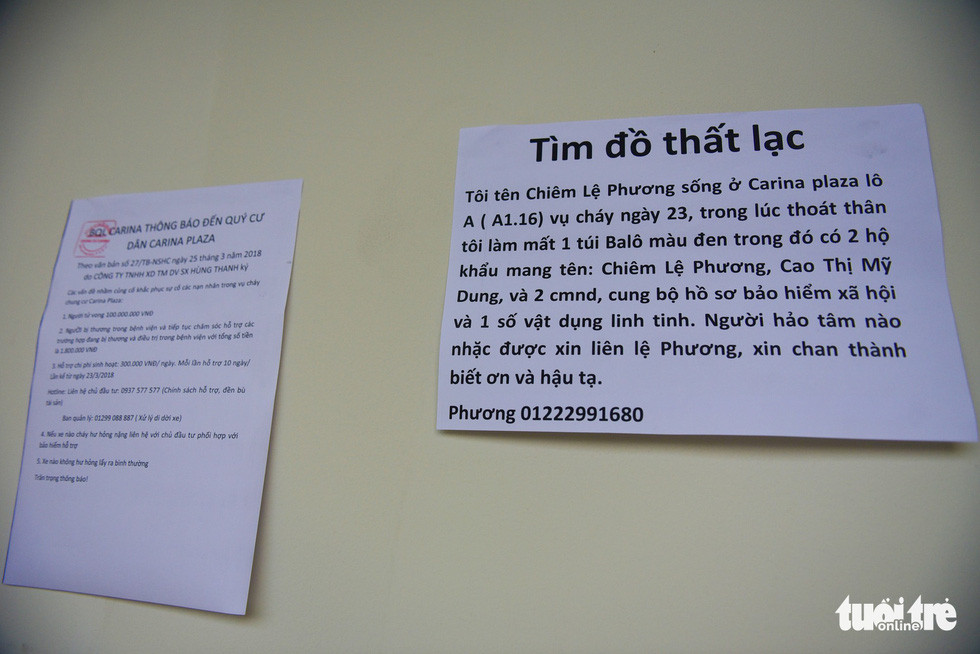 Trong lúc thoát thân khỏi vụ cháy, nhiều người bị thất lạc đồ đạc. Anh Lê Trí Thiện, cư dân tại Carina Plaza, bức xúc nói: "Sau vụ cháy, chung cư gần như không kiểm soát được người ra vào, tiền bạc bị kẻ gian vào lục lọi lấy hết. Những phong bao lì xì từ tết cũng bị xé ra nham nhở".