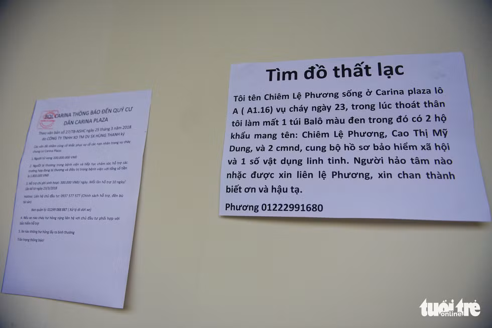 Trong lúc thoát thân khỏi vụ cháy, nhiều người bị thất lạc đồ đạc. Anh Lê Trí Thiện, cư dân tại Carina Plaza, bức xúc nói: "Sau vụ cháy, chung cư gần như không kiểm soát được người ra vào, tiền bạc bị kẻ gian vào lục lọi lấy hết. Những phong bao lì xì từ tết cũng bị xé ra nham nhở".