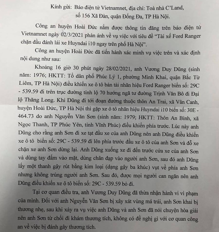 Cong an thong tin vu tai xe Ford Ranger danh lai xe Hyundai i10 o Ha Noi-Hinh-2