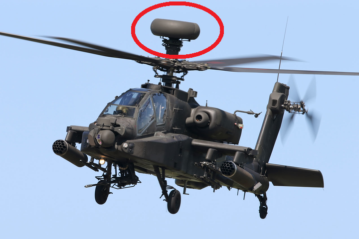Phi công trực thăng Apache có thể thực hiện cuộc tấn công gián tiếp, bằng cách sử dụng radar trinh sát Longbow gắn trên đỉnh cánh quạt chính của trực thăng (khoanh màu đỏ trong ảnh); trực thăng thực hiện động tác bay treo, "nấp" sau những ngọn đồi hoặc tán cây to, để lái tên lửa Spike đến mục tiêu, mà không sợ lộ vị trí.
