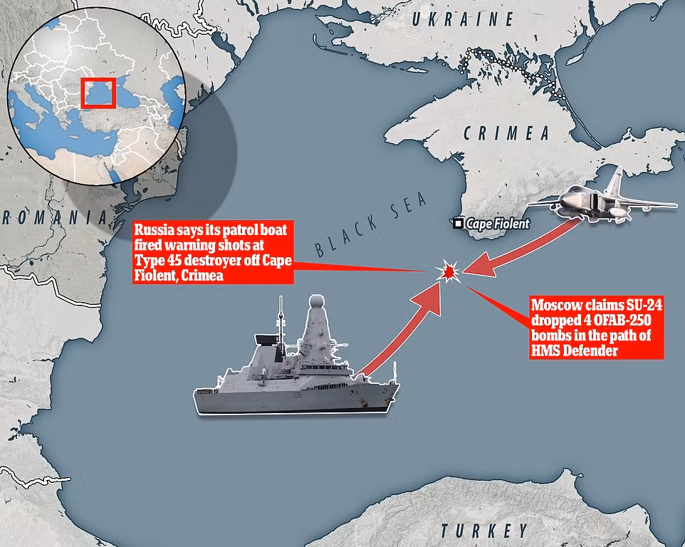 Bộ Quốc phòng Anh tuyên bố khu trục hạm HMS Defender đã thực hiện hành vi đi qua lãnh hải Ukraine theo luật pháp quốc tế, trong khi Bộ Quốc phòng Nga tuyên bố rằng tàu chiến Anh đã vi phạm biên giới hàng hải của nước này gần Mũi Fiolent và gần thành phố Sevastopol của Crimea.