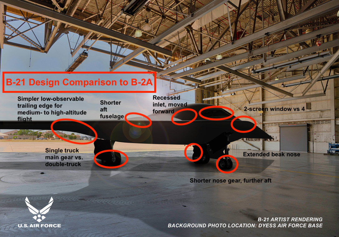 Do vậy, những hình ảnh đồ họa mới của chiếc B-21, không cho thấy cửa hút khí của động cơ và vòi phun ở đuôi; và những chi tiết này, cũng là cơ sở quan trọng, để giới quan sát so sánh thiết kế tàng hình của B-21 và B-2.
