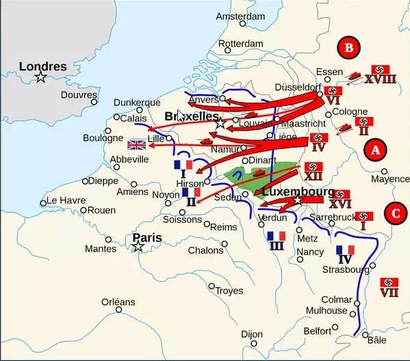 Ngày 10/5/1940, quân Đức tấn công qua hướng Luxembourg và miền nam nước Bỉ, qua những con đường nông thôn hẹp, băng qua những ngọn đồi có rừng mà các lực lượng nhỏ có thể dễ dàng bảo vệ, nhưng không có lực lượng nào. Sáu tuần sau, Pháp đầu hàng.