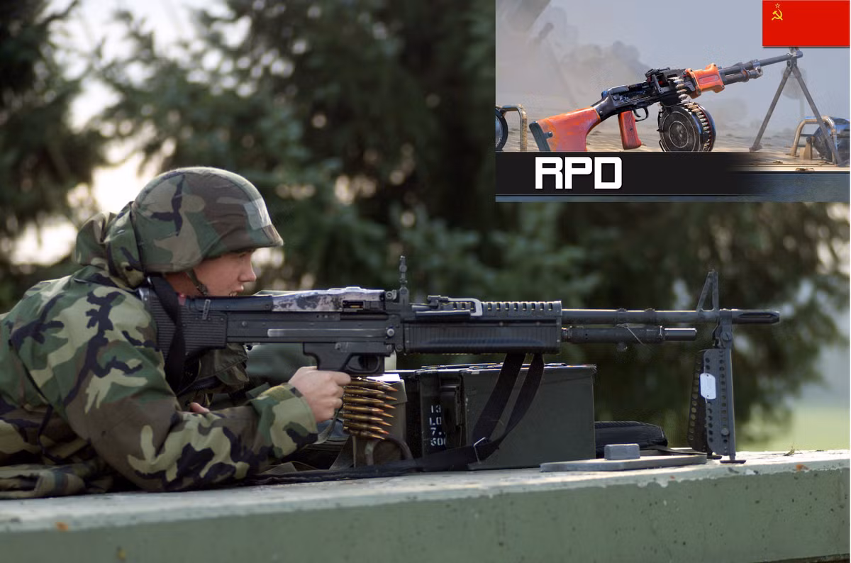 Sau thế chiến hai, các quốc gia đều chế tạo mẫu súng máy theo thiết kế MG 34 của quân đội Đức quốc xã, đó là sử dụng tiếp đạn bằng dây đai sắt, súng có thể thay nòng nhanh; Liên Xô phát triển trung liên RPD, Mỹ phát triển mẫu M60, Bỉ với khẩu FN MAG. Nguồn ảnh: Warhistory.