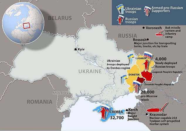 Lực lượng này bao gồm hơn 100.000 quân, hơn 1.000 xe quân sự, 200 máy bay và khoảng 60 tàu chiến, bao gồm cả các tàu chiến xa như Hạm đội Phương Bắc và Đội tàu Caspian. Theo Lầu Năm Góc, lực lượng này "chắc chắn lớn hơn" so với cuộc tấn công Ukraine vào năm 2014.