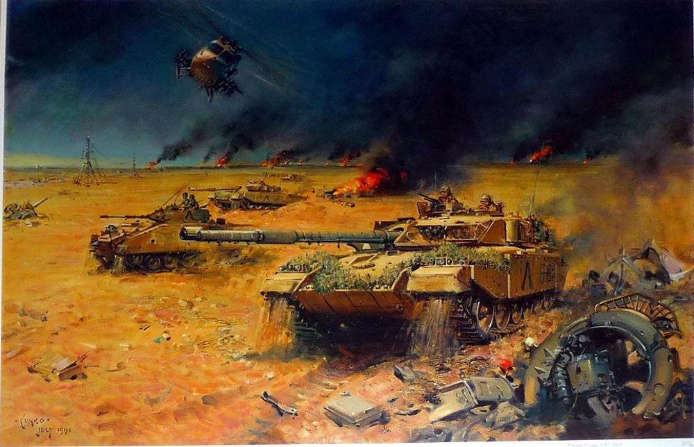 Lực lượng SAS của Anh là những người đầu tiên tiến vào Iraq, nhiều pháo phản lực bắn loạt M270 của Mỹ tấn công các vị trí của đóng quân của Quân đội Iraq, trong khi xe ủi đất thực hành "mở cửa", xé toạc khoảng trống trên các bức tường cát dọc biên giới giữa Ả Rập Xê-út và Kuwait để xe tăng của liên quân bước vào chiến đấu. Ảnh: Xe tăng của Liên quân tiến vào Kuwait - Nguồn: History