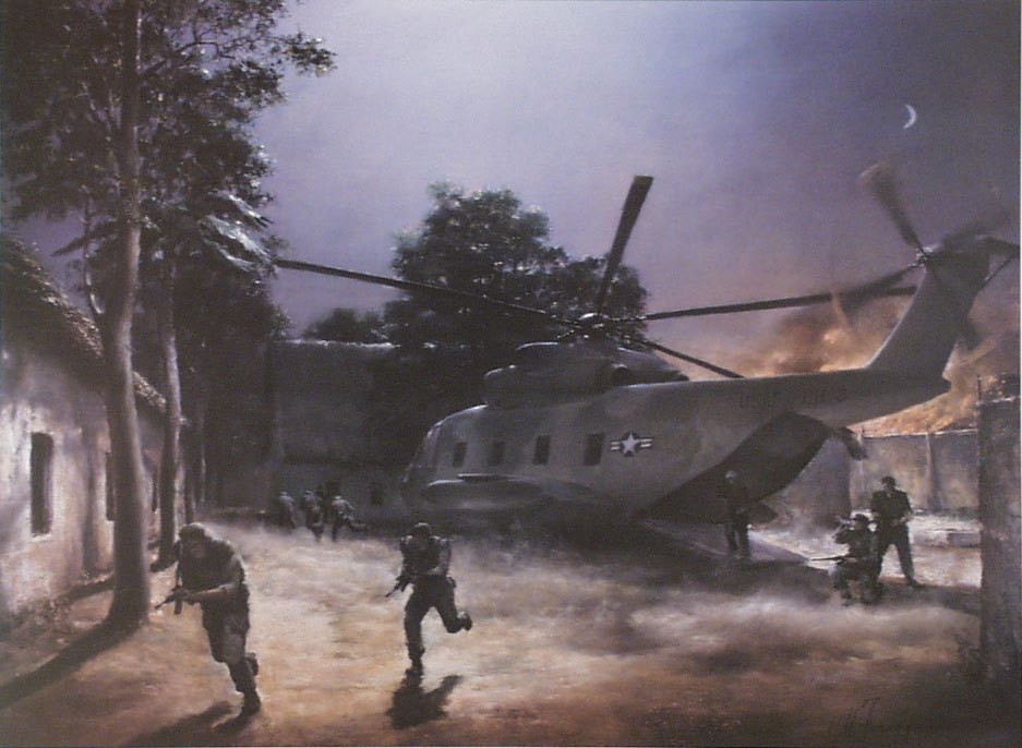 Lúc này, chiếc C-130 thả pháo sáng, chiếc HH-53 số 1 lao xuống, nhằm thẳng vào chòi canh của trại tù vừa xuất hiện trong tầm mắt và dội xuống đó một trận hỏa lực khủng khiếp, rồi bay sang vị trí đợi lệnh. Các máy bay đáp xuống và đổ quân ở khu vực tập kích, trong đó một chiếc hạ ngay xuống sân trại giam. 