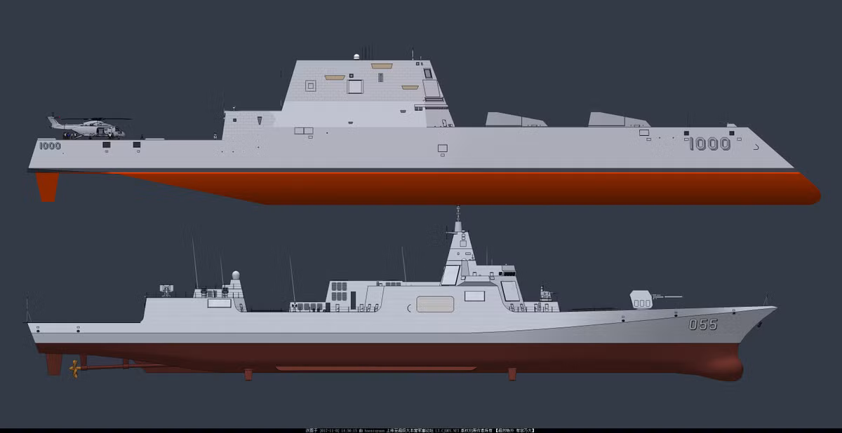 Chiếc đầu tiên của lớp Type 055 là chiếc Nanchang có khẩu pháo 130 mm đặt trên boong, trông rất giống USS Zumwalt; cùng với đó là thiết kế boong nhẵn, phẳng. Đài chỉ huy kiểu kim tự tháp, không có nhiều ăng-ten nhô lên, như các thiết kế trước đó.