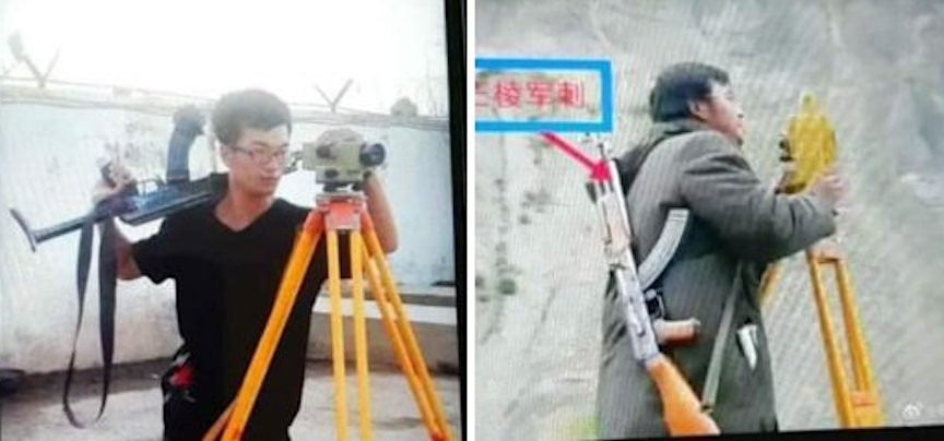 Hai bức ảnh lan truyền cho thấy, hai người đàn ông châu Á, được cho là công dân Trung Quốc, trong trang phục công nhân, mang theo thiết bị đo đạc, thường được sử dụng tại các công trường xây dựng.