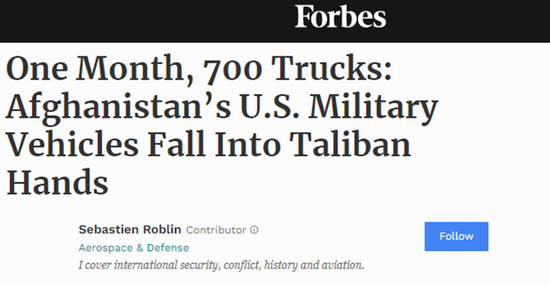 Theo trang web Forbes của Mỹ, chỉ trong Tháng 6 vừa qua, lực lượng vũ trang Taliban tại Afghanistan, đã bắt giữ 700 xe tải và xe quân sự như Humvees, cũng như hàng chục xe bọc thép và pháo các loại, đủ trang bị cho một trung đoàn cơ giới.