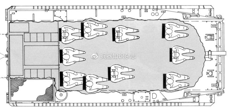 Kíp xe bố trí theo kiểu truyền thống gồm 3 người (trưởng xe, lái xe và pháo thủ); ngoài ra xe có thể chở thêm từ 5 đến 7 lính bộ binh, nhưng xe thường bố trí 5, vì khoang đổ bộ có chiều cao thấp và động cơ, hộp số truyền động của xe nằm ở phía sau.