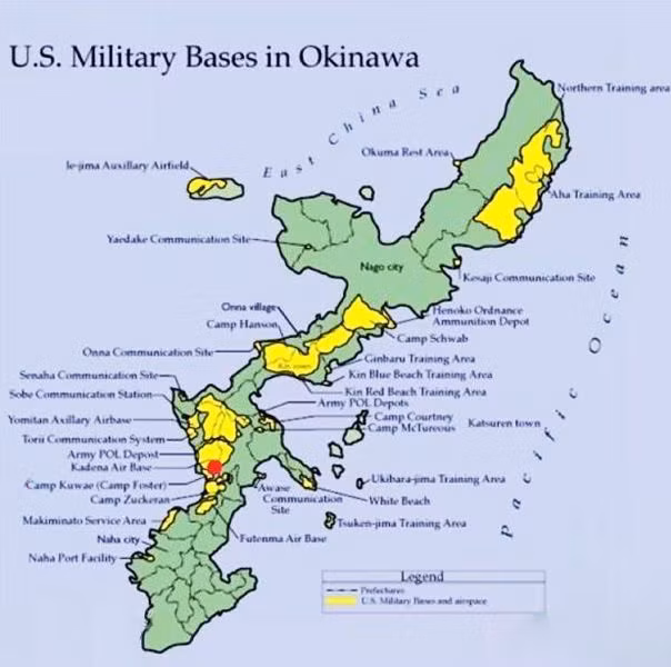 Trong khi đó thì Okinawa, hòn đảo lớn nhất ở quần đảo phía nam của Nhật Bản, là nơi đặt một số căn cứ quân sự lớn của Mỹ, và phần lớn trong số khoảng 50.000 lính Mỹ đóng tại Nhật Bản đều đóng quân tại đây. Lực lượng này sẽ tham chiến, nếu xung đột ở eo biển Đài Loan nổ ra.