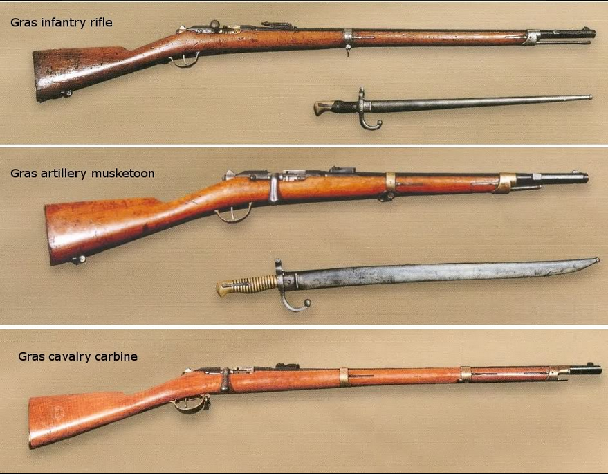 Đầu tiên trong danh sách là súng trường Gras của Pháp, cỡ đạn 11x59mm; chiều dài súng 1310mm, trọng lượng là 4,18kg, ổ đạn chứa được 1 viên. Do tình trạng thiếu vũ khí nghiêm trọng, nên trong giai đoạn đầu của cuộc kháng chiến, Gras vẫn được QĐNDVN tận dụng để chiến đấu. Súng nạp đạn rời từng viên từ đuôi nòng, nên được gọi là "khai hậu".