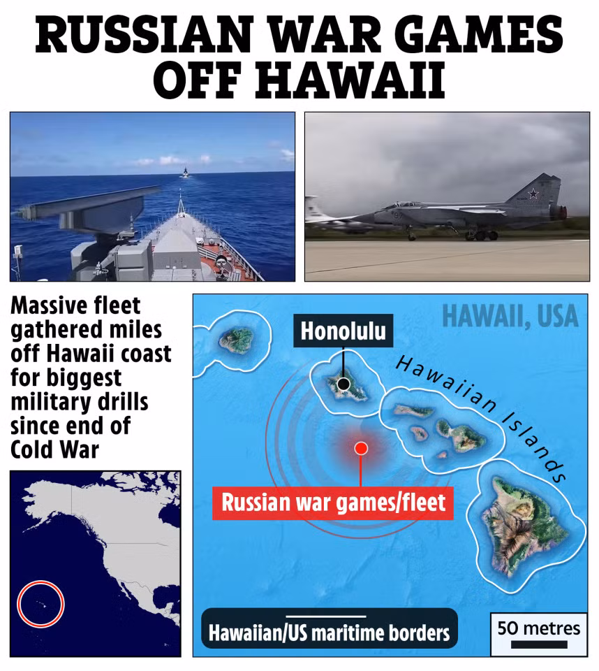 Truyền thông Mỹ dẫn lời Bộ Tư lệnh hải quân Mỹ tại Thái Bình Dương ngày 22/6 thông báo rằng, trong cuộc tập trận của Hải quân Nga, các tàu đã đi qua vùng biển, cách quần đảo Hawaii từ 23 đến 34 hải lý (37 đến 54 km). Nhưng bây giờ các tàu Nga đã rời khỏi khu vực.