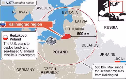 Nga cũng đã triển khai Iskander-M tới Kaliningrad, nơi vũ khí này có thể nhắm vào các lực lượng NATO ở Ba Lan, các nước Baltic và Thụy Điển. Những cuộc triển khai này là một yếu tố quan trọng trong chính sách ngoại giao đáp trả của Nga.