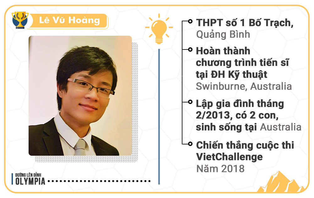 6. Lê Vũ Hoàng - cựu học sinh THPT số 1 Bố Trạch, Quảng Bình - là quán quân mùa 6. Hoàng hoàn thành chương trình tiến sĩ tại ĐH Swinburne. Anh lập gia đình vào tháng 2/2013 và hiện có 2 con, sinh sống ở Australia. Năm nay, Lê Vũ Hoàng thuộc đội VIoT đã chiến thắng cuộc thi VietChallenge - khởi nghiệp thường niên dành cho người Việt trên toàn thế giới. Đồng thời, anh là người sáng lập và giám đốc công nghệ của VIoT.