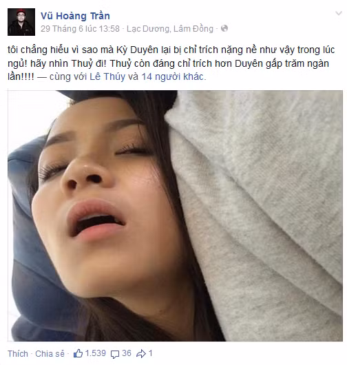 Vài ngày gần đây, fanpage của nhiều hot girl Việt, các trai xinh gái đẹp nổi tiếng rất thường xuất hiện những bức ảnh chụp lúc đang ngủ. Đây được xem là một cách để bênh vực Hoa hậu Kỳ Duyên, làm giảm mức độ nghiêm trọng của những hình ảnh vốn bị nhiều người cho là "vô duyên", "hớ hênh". Hot girl Thuỷ Top bị bạn bè tung ảnh chụp lén lúc ngủ gật với vẻ mặt rất hài hước thu hút hơn 1500 lượt like.