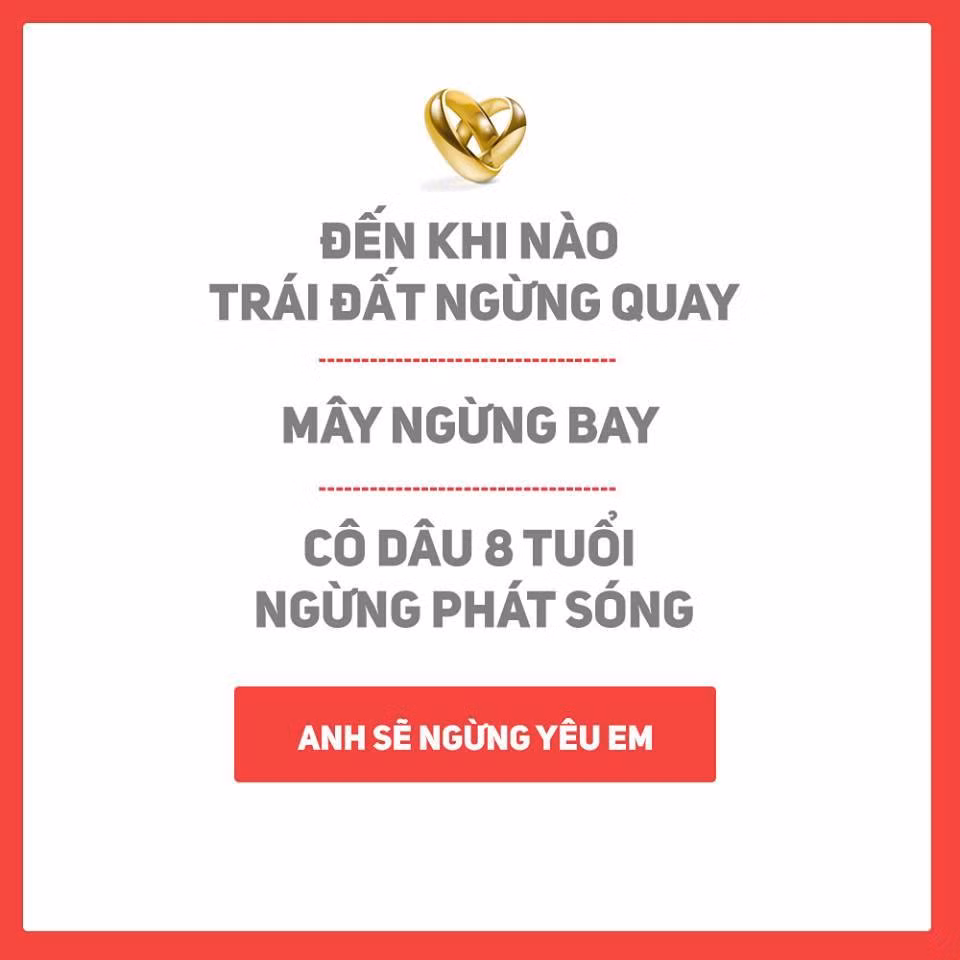Thậm chí, độ dài khủng khiếp của phim còn được dân mạng lấy ra làm chuẩn mực để đong đếm về thời gian, sự kiên trì trong yêu đương. "Đến khi nào Cô dâu 8 tuổi ngừng phát sóng, khi ấy anh sẽ ngừng yêu em" - là một câu "tuyên thệ" cực hài hước mà dân mạng chế ra hòng ăn theo phong trào Cô dâu 8 tuổi.
