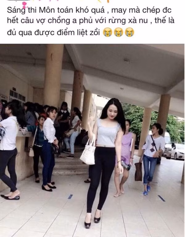 Nữ sĩ tử ăn mặc như đi dạo phố đến trường thi, sau giờ làm bài môn Toán lên mạng chia sẻ, nhận xét đề khó và khoe đã kịp chép được hết câu "Vợ chồng A Phủ" và "Rừng xà nu" để tránh điểm liệt. Không rõ đây có phải một câu nói đùa hay không nhưng dân mạng đã qua đây chê trách cô gái rất nhiều về sự thờ ơ.