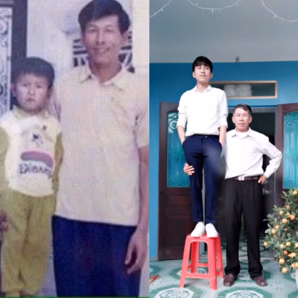 Bức ảnh dễ thương Phùng Văn Thắng chụp cùng bố khi nhỏ và thời điểm hiện tại.