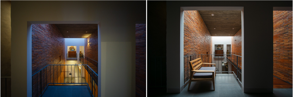 Kiến trúc sư bố trí bàn thờ ở ban công hướng ra phía trước nhà nên khi vào nhà mọi người có thể dễ dàng nhìn thấy bàn thờ trên ban công tầng 2.