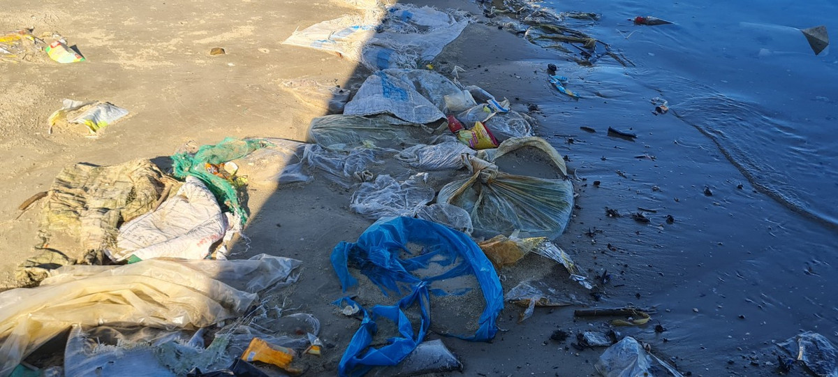 ...Và rác nửa chìm nửa nổi trên bãi biển.