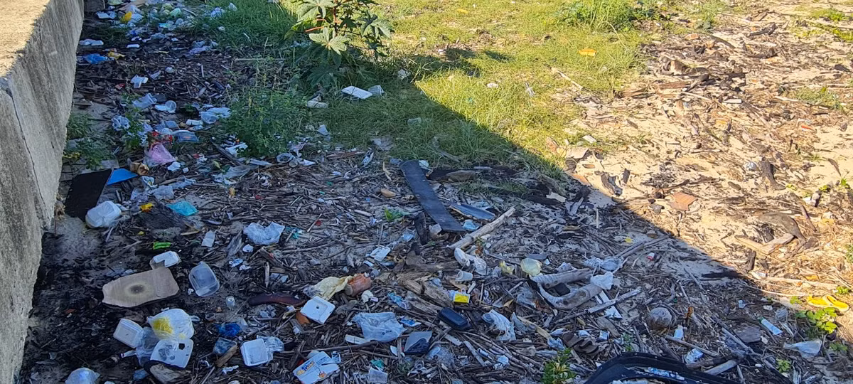 Rác tràn ngập trên bãi cỏ.