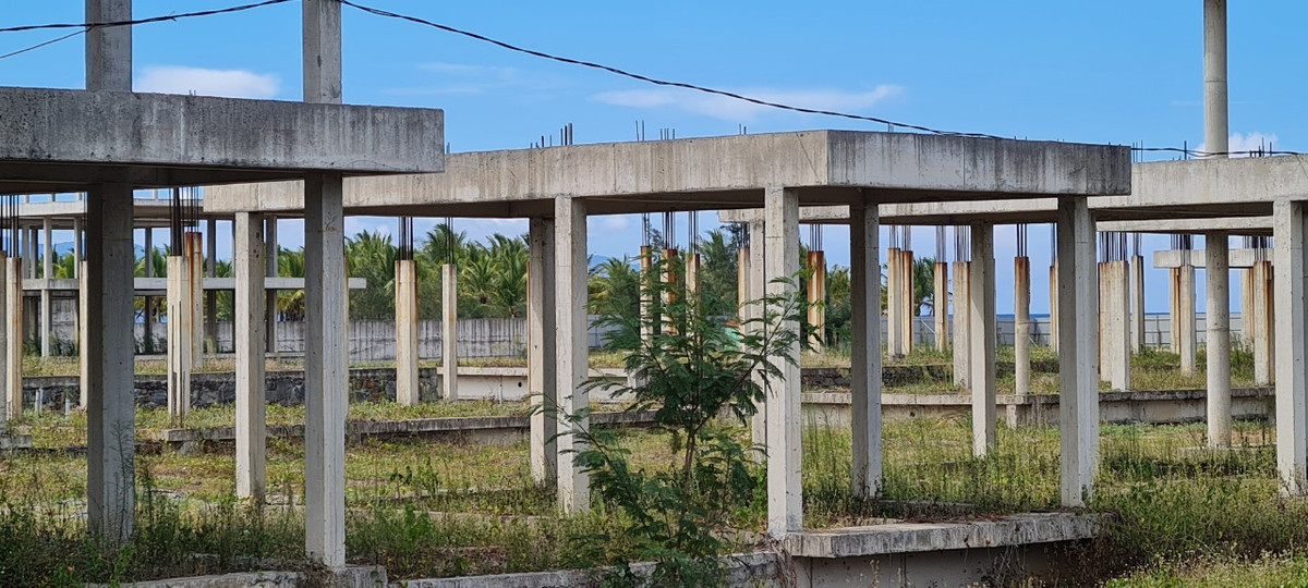 Cỏ dại ngập lối bên những khối bê tông đã đổi màu theo thời gian.