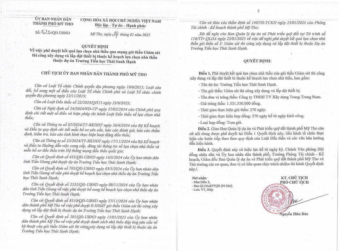 Tien Giang: Nha thau nao trung goi giam sat thi cong Truong Thai Sanh Hanh?