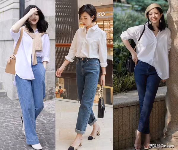 Phối áo sơ mi với quần jeans. Công thức mặc này không mới song sức hút không vì thế mà giảm nhiệt. Nếu muốn phá cách, phụ nữ có thể tận dụng một chiếc áo len hoa mai trên vai như một chiếc khăn quàng cổ. Đây cũng là điểm nhấn tạo ra phong cách thời trang mới mẻ, năng động.