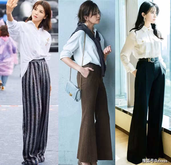 Áo sơ mi với quần rộng. Bản thân áo sơ mi đơn giản, gọn gàng. Kết hợp với quần ống rộng hơi loe sẽ tạo nét cực tốt.