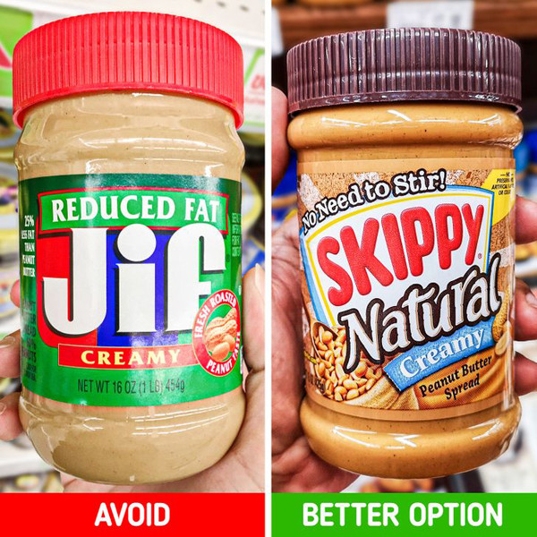 Bơ đậu phộng ít béo. Bơ đậu phộng ít chất béo được cho là thực phẩm tốt sức khỏe song thực chất hại nhiều hơn lợi. So với sản phẩm chưa tách béo, chúng vẫn chứa lượng calo tương đương. Mặt khác, chất béo trong bơ thường được thay thế bởi đường hoặc một chất khác thay thế.