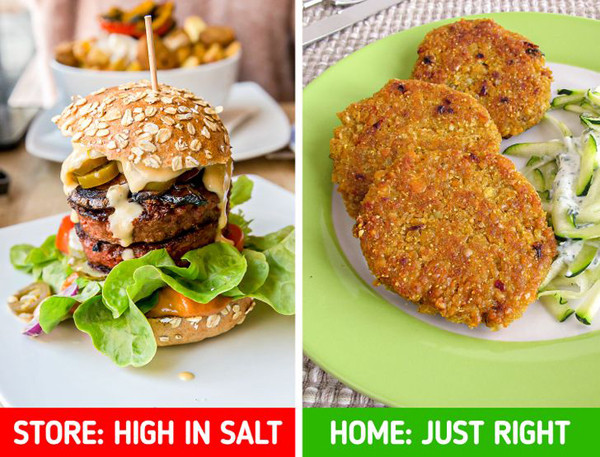 Bánh mì kẹp thịt chay. Nhiều người nhầm tưởng cứ thực phẩm chay là tốt cho sức khỏe. Thực chất phần thịt kẹp này là thực phẩm chế biến, có thể chứa lượng muối cao ngất ngưởng.