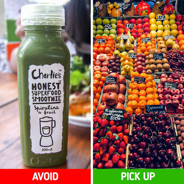 Nước trái cây từ siêu thực phẩm. Việt quất, cải xoăn cùng nhiều loại hạt được đánh giá là siêu thực phẩm nhờ khả năng cung cấp dinh dưỡng đỉnh cao. Thế nhưng những chai nước trái cây ép trên kệ hàng không lành mạnh như chúng ta tưởng. Chúng chứa nhiều đường và rất ít dinh dưỡng.
