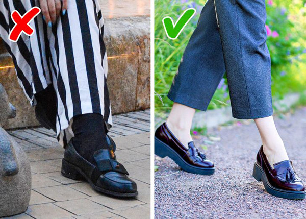 Đi giày lười không nên đi tất. Giày lười tiện dụng được nhiều người lựa chọn. Để hợp mốt, lúc này bạn không nên đi tất. Trang phục cũng không nên chọn loại quá dài. Những thiết kế khoe cổ chân sẽ giúp bạn trông thanh thoát hơn.