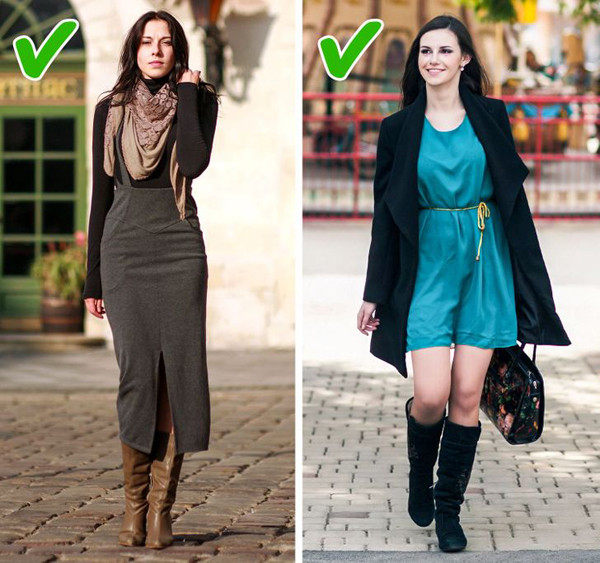 Bốt. Bốt nên được kết hợp với váy bó sát. Dù vậy, phái đẹp nên điều chỉnh độ dài sao cho tạo được khoảng hở giữa bốt và trang phục. Nếu không, ngoại hình bạn sẽ trở nên nặng nề hơn.