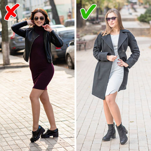 Chọn giày cổ cao vừa phải. Bốt, giày cổ cao giữ nhiệt tốt được nhiều chị em yêu thích. Tuy nhiên, nếu cách phối giày cổ quá cao có thể khiến chúng “nuốt” dáng. Ngược lại, chân bạn có thể trông dài hơn nếu chọn loại cao tới cổ hoặc mắt cá chân.