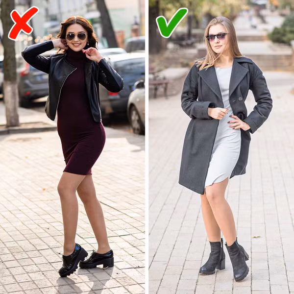 Chọn giày cổ cao vừa phải. Bốt, giày cổ cao giữ nhiệt tốt được nhiều chị em yêu thích. Tuy nhiên, nếu cách phối giày cổ quá cao có thể khiến chúng “nuốt” dáng. Ngược lại, chân bạn có thể trông dài hơn nếu chọn loại cao tới cổ hoặc mắt cá chân.