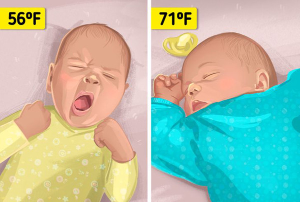 Nhiệt độ cho trẻ sơ sinh. Trẻ sơ sinh không thể biểu đạt được cảm nhận của chúng. Vì lý do này, điều chỉnh nhiệt độ 68ºF - 72ºF (20°C - 22°C) sẽ giúp trẻ thoải mái, không quấy khóc.