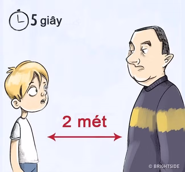 Thứ 7: Ngừng trò chuyện và giữ khoảng cách: Con bạn nên biết rằng bé không buộc phải nói chuyện với người lạ, và nếu cuộc trò chuyện dài hơn 5-7 giây, tốt hơn là bỏ đi, đến chỗ an toàn. Khi đang nói chuyện, trẻ nên đứng cách xa 2 - 3 mét. Nếu người lạ tiến lại gần, hãy lùi ra sau. Thực tập tình huống này với con, cho bé thấy 2 mét là như thế nào, và nhấn mạnh rằng luôn giữ khoảng cách đó dù có chuyện gì đi nữa.