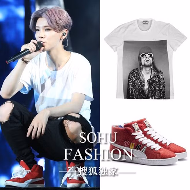 Ngay khi mặc chiến áo t-shirt có phần đơn giản thế này, Lộc Hàm vẫn được chú ý biết kết hợp nhiều phụ kiện khác nhau