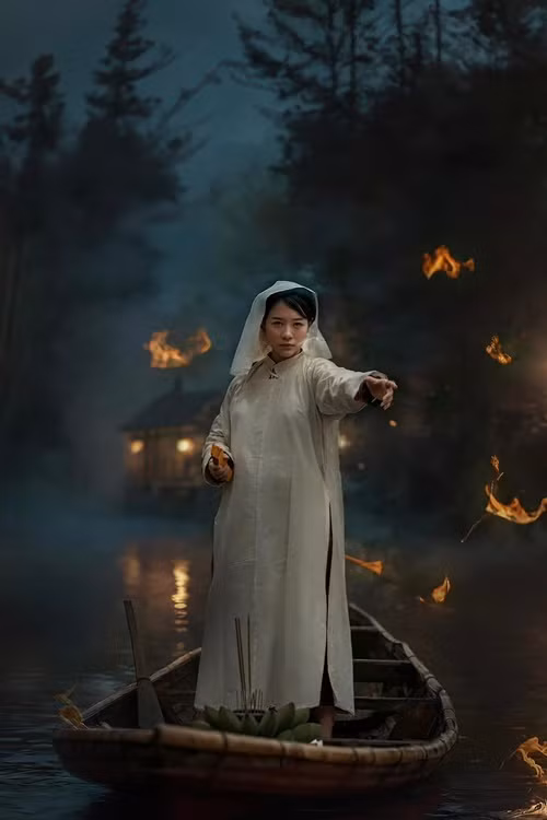 Theo Người Lao Động, nhân vật Liễu của Hoàng Kim Ngọc cùng em trai Hường (Tuấn Mõ) đi cứu giúp những người bị vong nhập. Ảnh: FB Hoàng Kim Ngọc.