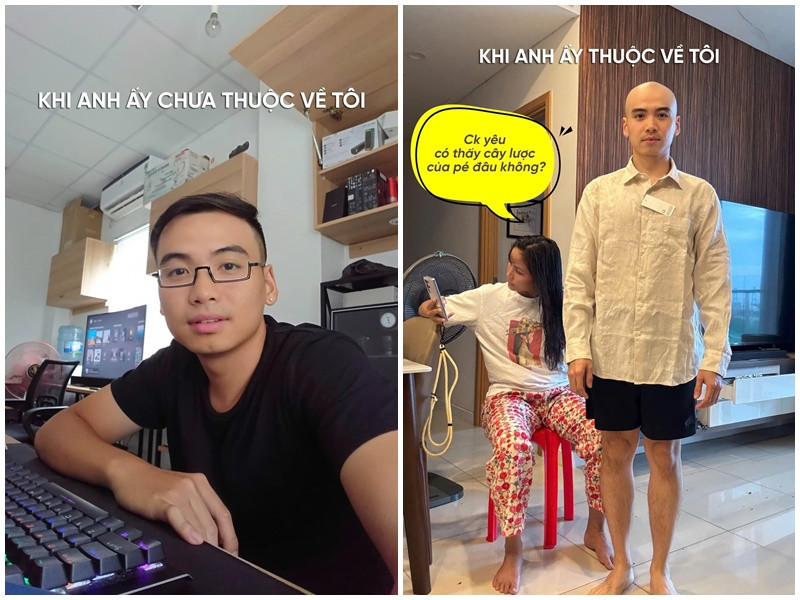 Mới đây, trên trang cá nhân, Hoa hậu H'hen Niê đăng ảnh Tuấn Khôi thay đổi ra sao trước và sau khi yêu. Nhiều khán giả cười nghiêng ngả bởi khi chia sẻ hình ảnh Tuấn Khôi để đầu trọc, H'hen Niê viết: "Chồng yêu có thấy cây lược của bé đâu không". Ảnh: FB H"hen Niê.