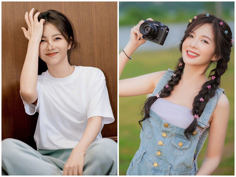 Ngọc Huyền và nữ chính bản gốc đều dễ dàng nhập vai học sinh bởi cả hai sở hữu khuôn mặt baby, vóc dáng nhỏ nhắn. Ảnh: Weibo Đàm Tùng Vận, FB Ngọc Huyền.