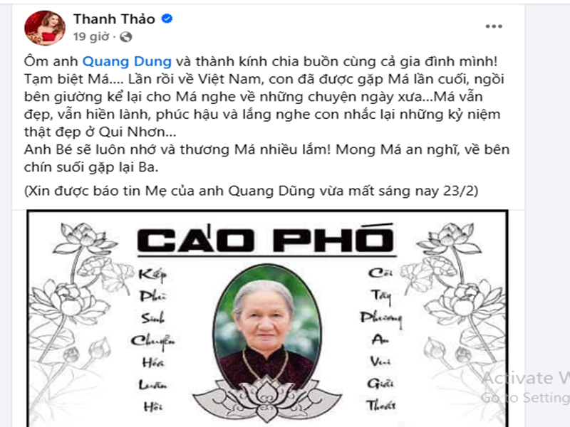 Ca sĩ Thanh Thảo gửi lời vĩnh biệt đến mẹ Quang Dũng. Cô viết: “Tạm biệt má. Lần rồi về Việt Nam, con đã được gặp má lần cuối, ngồi bên giường kể lại cho má nghe về những chuyện ngày xưa… Má vẫn đẹp, vẫn hiền lành, phúc hậu và lắng nghe con nhắc lại những kỷ niệm thật đẹp ở Quy Nhơn… Anh bé sẽ luôn nhớ và thương má nhiều lắm! Mong má an nghỉ, về bên chín suối gặp lại ba”. Ảnh chụp màn hình.