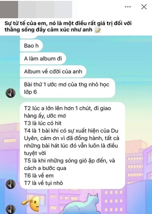 Tháng 6/2024, Đạt G chia sẻ ảnh chụp tin nhắn của bạn gái Bảo Ngọc. Trong cuộc trò chuyện, Bảo Ngọc bày tỏ mong muốn Đạt G làm album về cuộc đời anh. Đáng chú ý, vợ cũ Hoài Lâm cho rằng Đạt G nên viết bài hát cảm ơn Du Uyên vì đã đồng hành. Ảnh: FB Bảo Ngọc.
