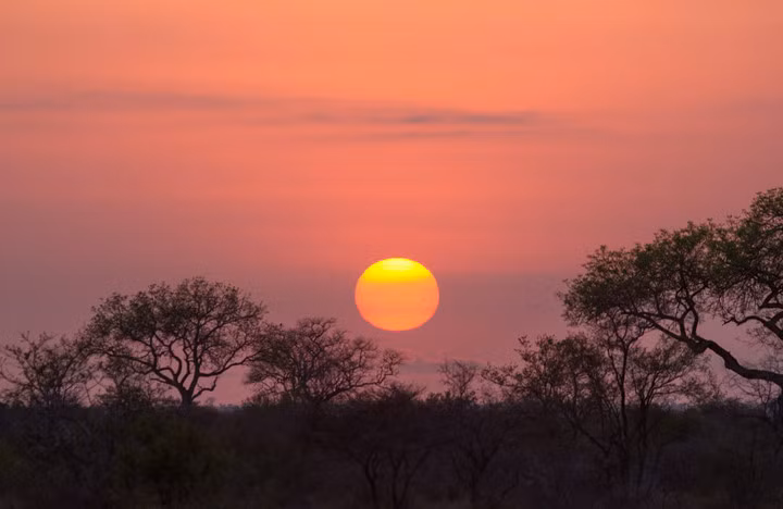 Một trong những thiên đường ngắm bình minh đó là công viên quốc gia Kruger, Nam Phi: Do nằm gần đường xích đạo nên mặt trời ở đây trông lớn hơn rất nhiều so với bình thường. Vì vậy, bạn có thể chiêm ngưỡng khung cảnh bình minh ở Kruger vô cùng ấn tượng và ngoạn mục. 
