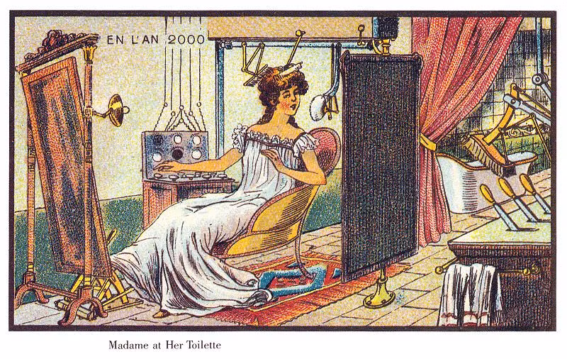 Một quý bà đang ở trong căn phòng trang điểm với đầy đủ các trang thiết bị tự động hoá.