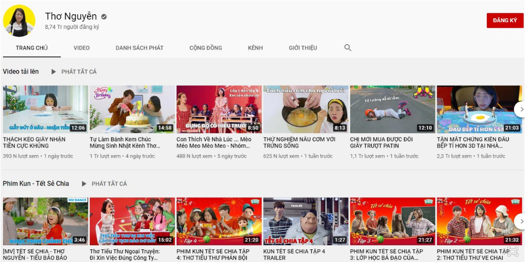 Kênh YouTube của Thơ Nguyễn nhanh chóng vươn lên danh sách hàng đầu tại Việt Nam về lượt theo dõi và lượt xem.